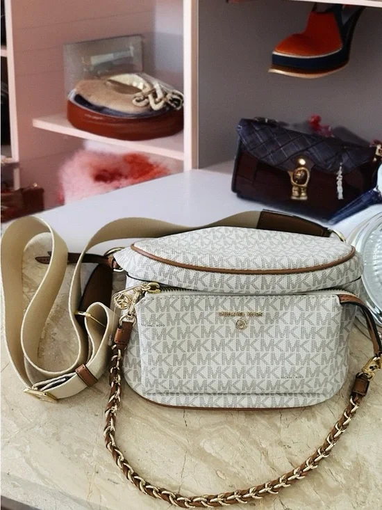 Michael Kors Cream White Logo-Print Crossbody with Tan Trim - Picture 2 of 13